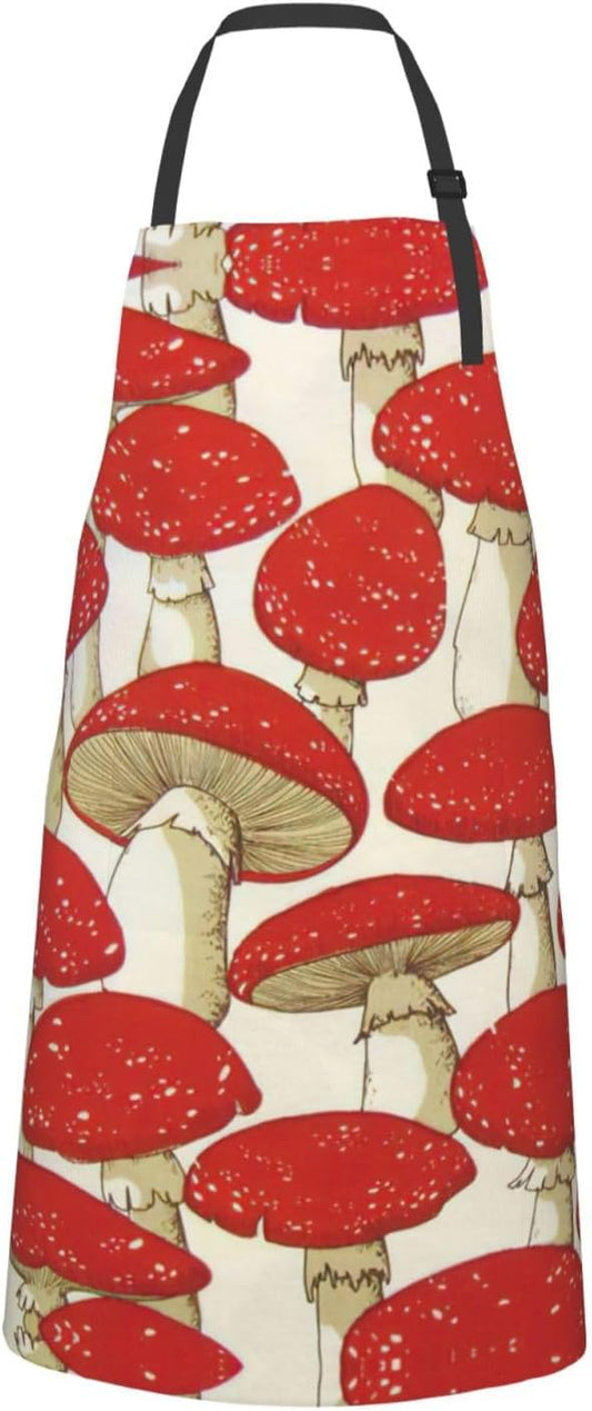 Red White Mushroom Print Laundry apron 28x33 In Waterproof Kitchen Apr