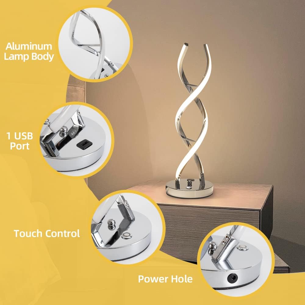 LED Modern Table Lamp, Stepless Dimmable Spiral Table Lamps for Bedroo
