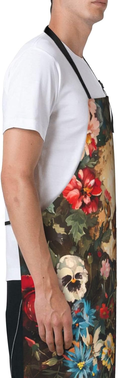 Floral Skull print Waterproof chef's apron with pocket apron for kitchen cooking baking barbecue and gardening