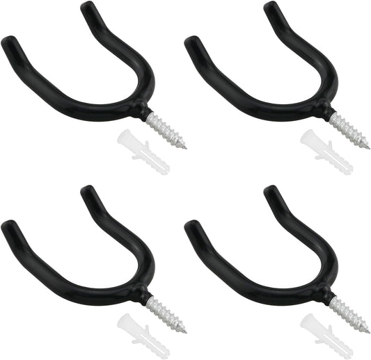 4PCS Screw In U shaped Hook Heavy Duty Wall Mounted Practical Hanging Hook for Garden Tools Shovels Rakes Rack Black