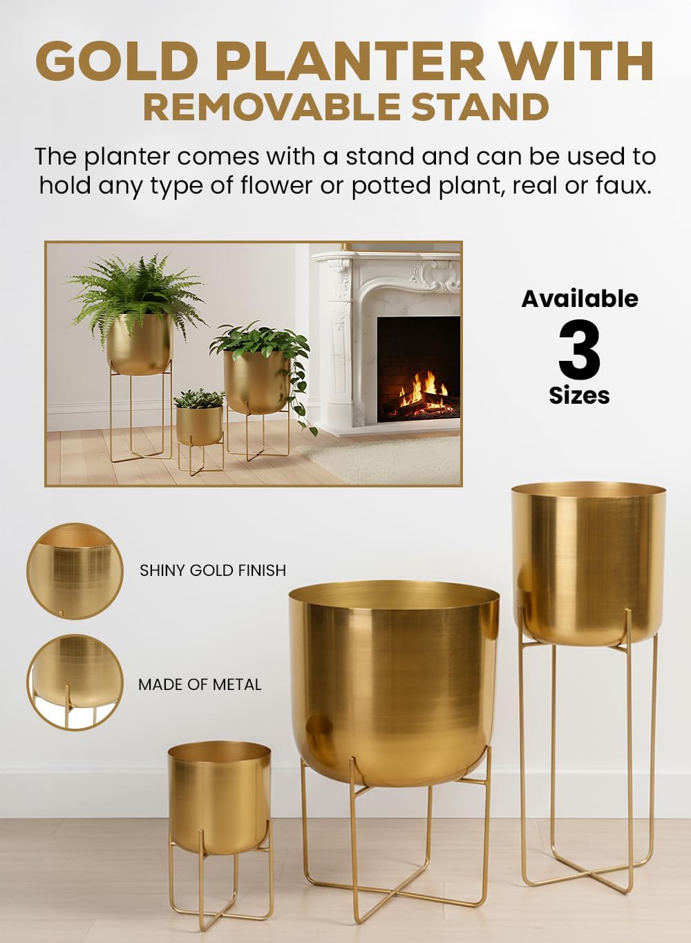 Serene Spaces Living Tall Gold Planter with Detachable Metal Stand - Modern Mid Century Decorative Indoor Plant Pot - Large Floor Planter for Living Room, Kitchen, Office - 26" H x 9.25" Diameter