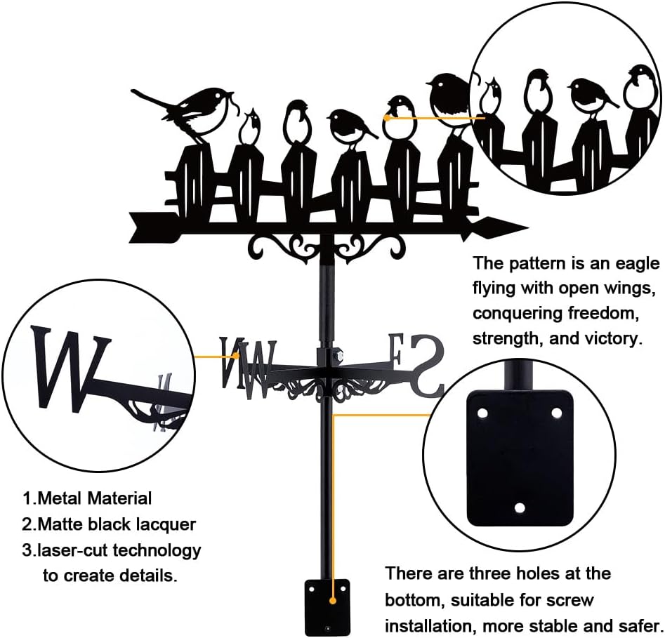 SUPERDANT Birds Weather Vane Bird Fence Metal Wind Vanes for Yard Blac