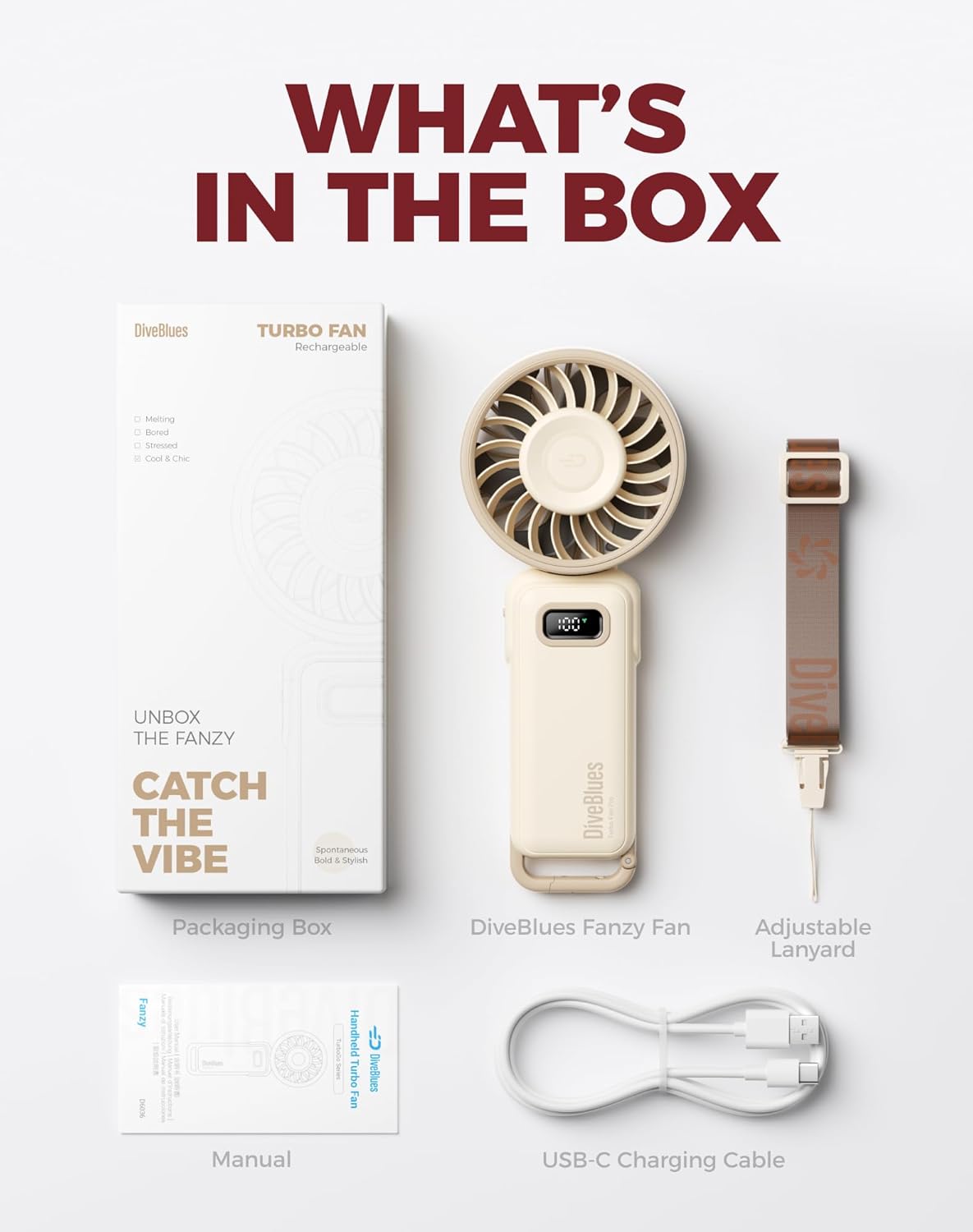 Diveblues Portable Handheld Fan, 7.4m/s High Speed Turbo Fan, 180° Fol