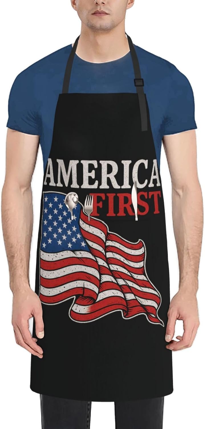 YANYU America First Print 28x33 In Kitchen Apron Stylish Chef Apron with Pockets for Cooking Baking Painting