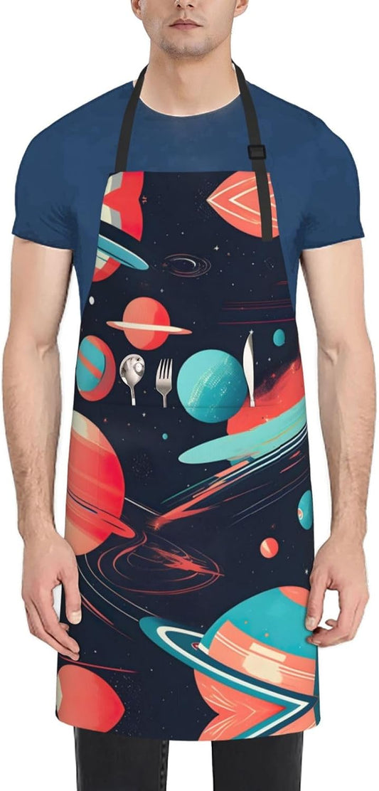Space Planets print Waterproof chef's apron with pocket apron for kitchen cooking baking barbecue and gardening