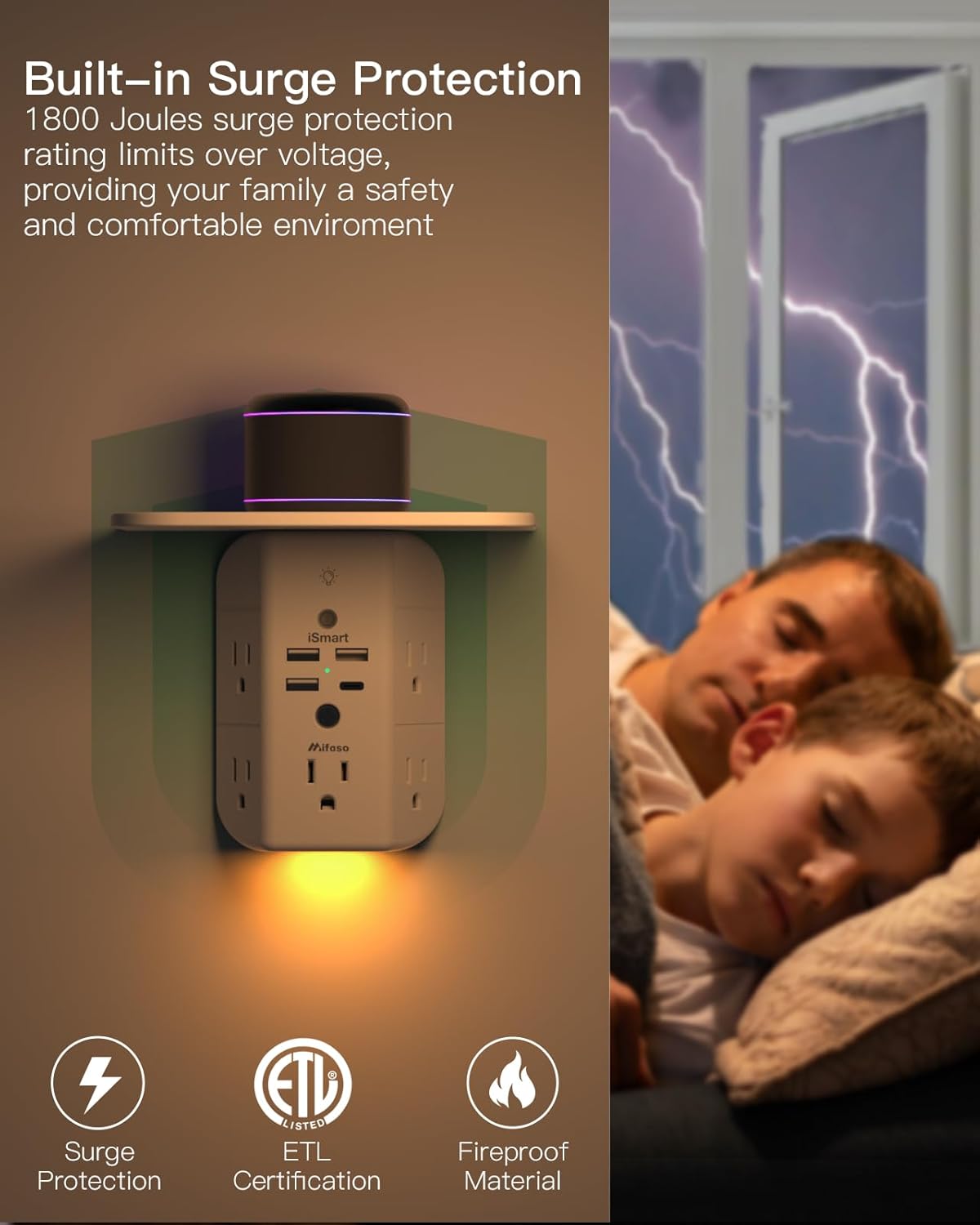 Wall Outlet Extender with Shelf and Night Light, Surge Protector, Wall