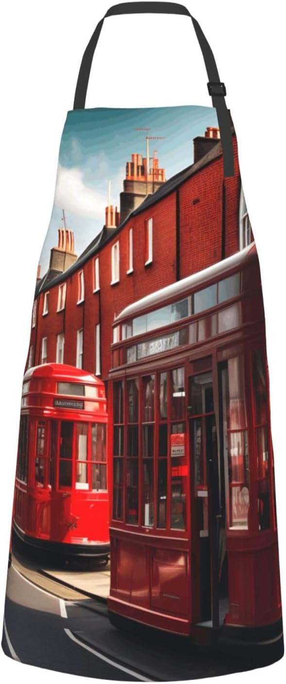 YANYU Red London Street Print 28x33 In Kitchen Apron Stylish Chef Apron with Pockets for Cooking Baking Painting