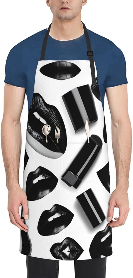 Cool Black Lipstick Lips print Waterproof chef's apron with pocket apron for kitchen cooking baking barbecue and gardening