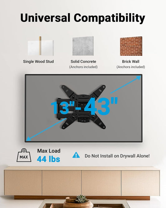 Pipishell Full Motion TV Wall Mount for Echo Show 21/15 and 13-43 Inch Flat Curved Screen TVs & Monitors, Max VESA 200x200mm up to 44lbs, TV Mount Wall Bracket with Rotation Swivel Tilt Extension
