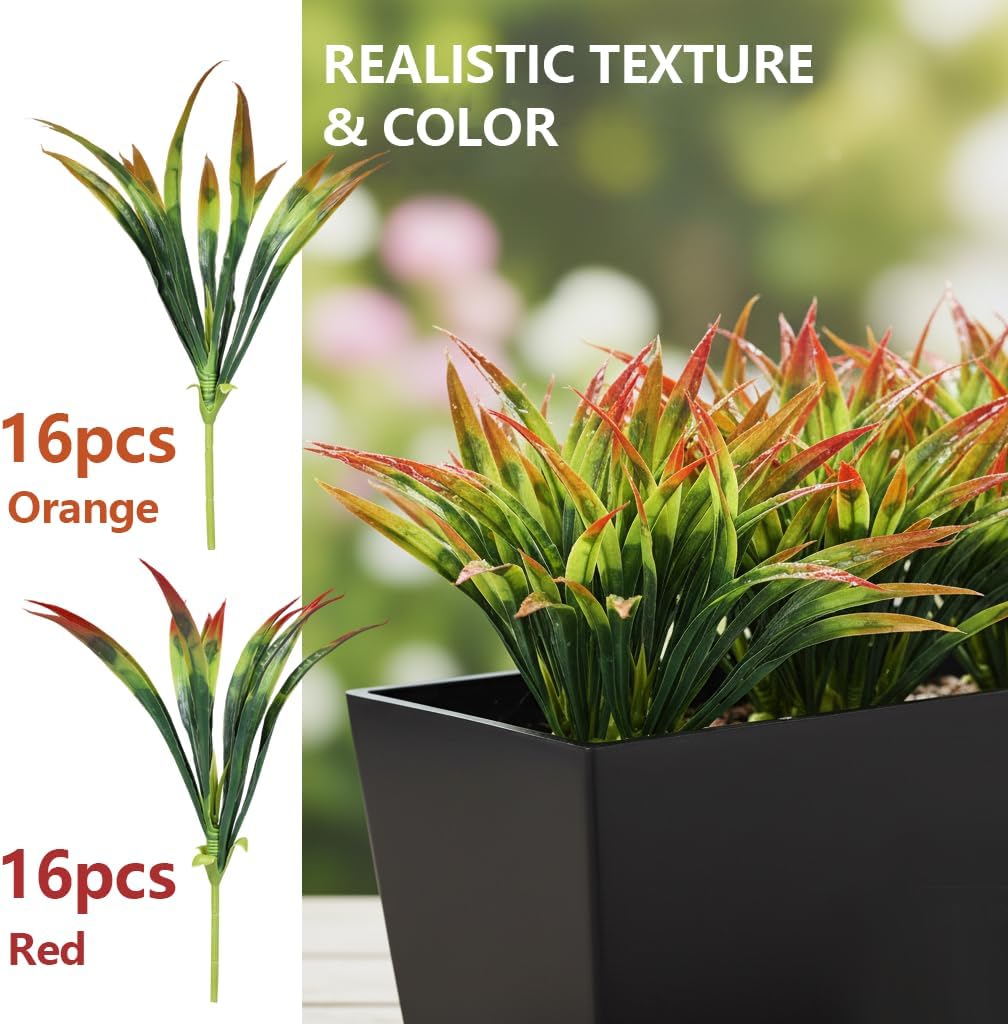 32 Pcs Faux Plants Indoor, Red & Orange Fake Outdoor Plants Gladiolus Grass, Fake Greenery for Wedding Décor Photography Home Garden Porch Patio Decoration