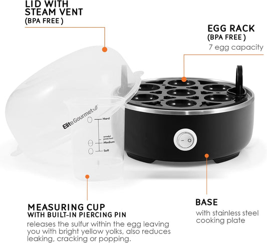 Elite Gourmet EGC115B Easy Egg Cooker Electric 7-Egg Capacity, Soft, Medium, Hard-Boiled Egg Cooker with Auto Shut-Off, Measuring Cup Included, BPA Free, Classic Black