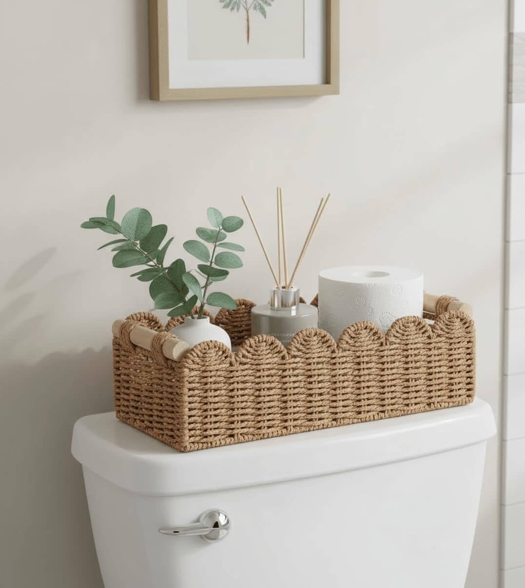 CubesLand Paper Rope Scalloped Edge Toilet Paper Storage Basket, Small