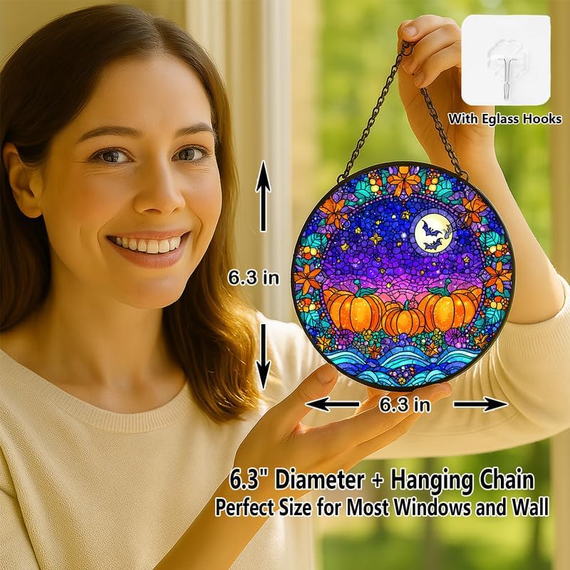 Halloween Pumpkins Bats Stained Glass Window Hanging - Sun Catchers In