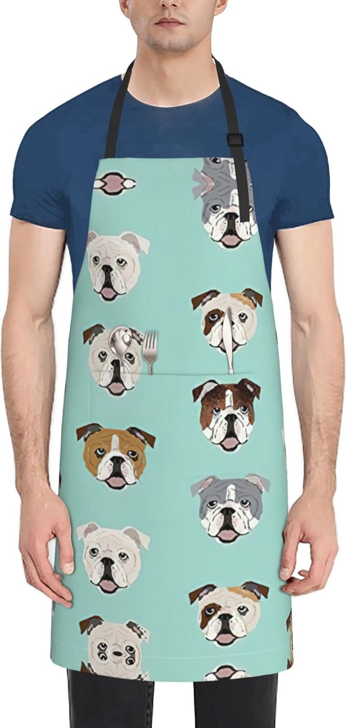 English Bulldog Faces Print Laundry apron 28x33 In Waterproof Kitchen Apron with Pockets for Cooking Baking