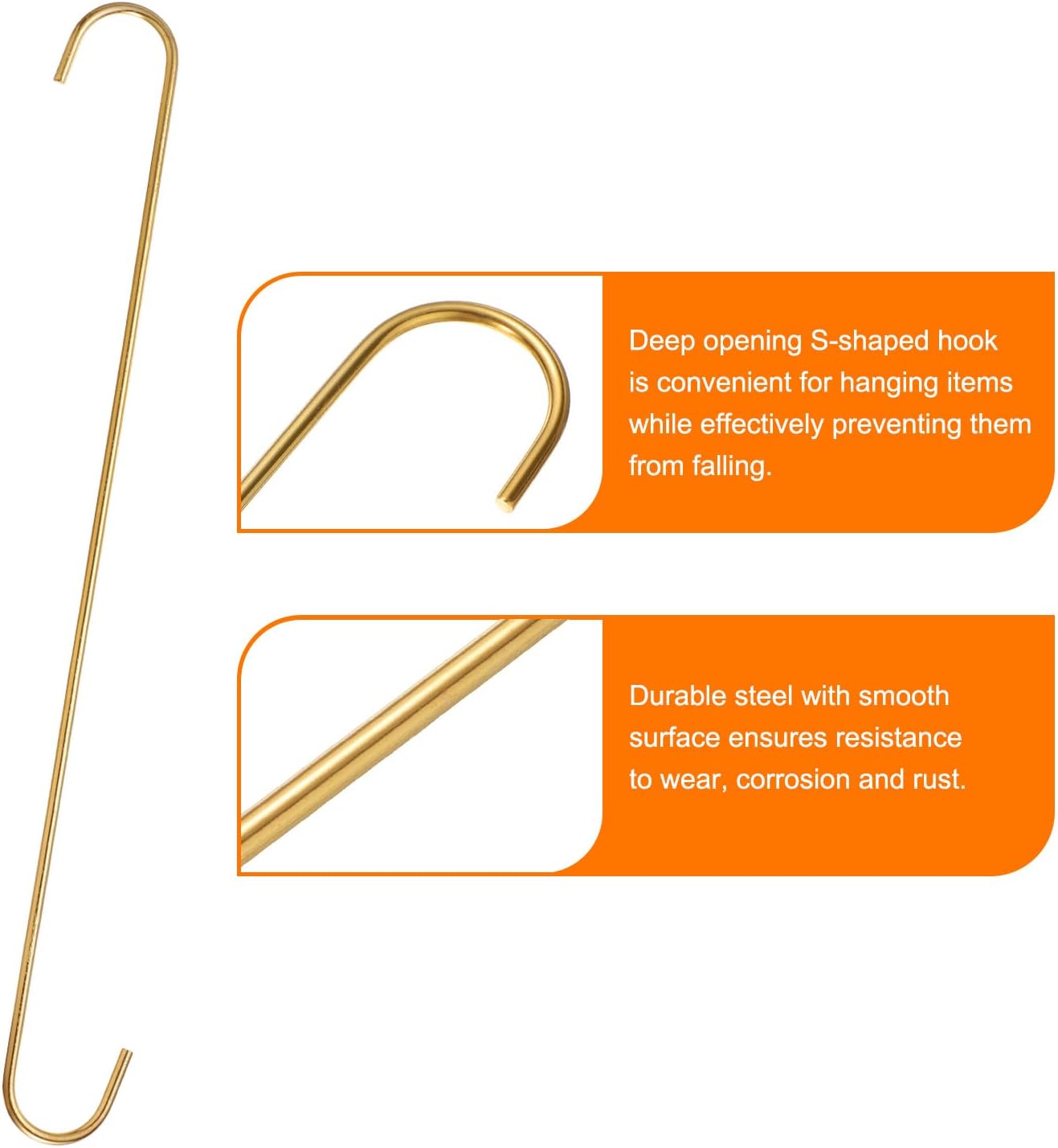 HARFINGTON 6pcs Long S Hooks 16 Inch Extra Long Metal S-Shaped Hanging Hooks High Manganese Steel S Hanger Storage Organizing Tool for Kitchen Garden Bathroom Garage Closet, Gold Tone