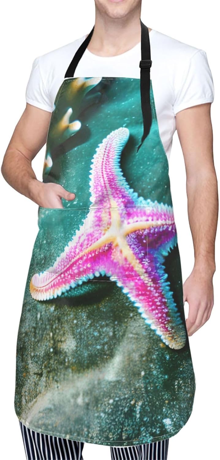 YANYU Sea Starfish Print 28x33 In Kitchen Apron Stylish Chef Apron with Pockets for Cooking Baking Painting