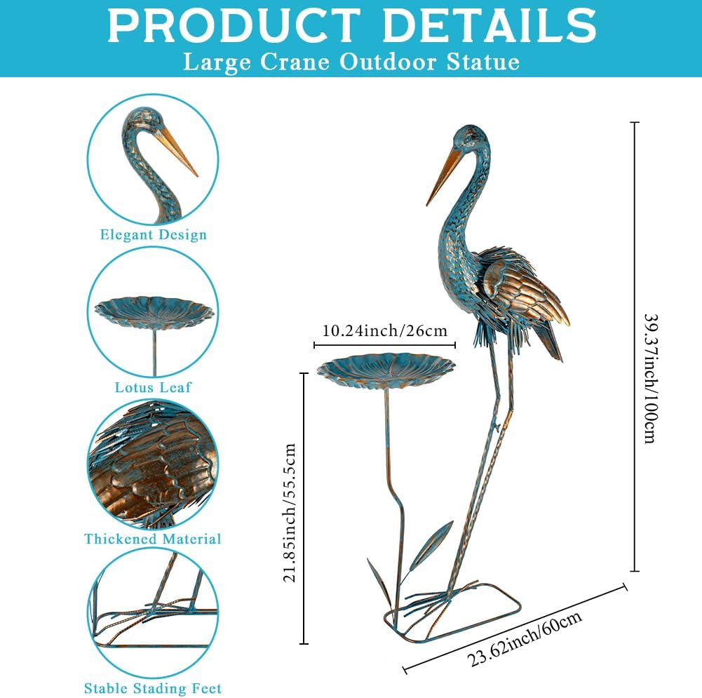 Metal Crane Garden Statue for Outside, Large Heron Outdoor Statues with Leaf Tray, Elegant Crane Yard Art Garden Decor for Garden Yard, Porch(39.37 Tall)
