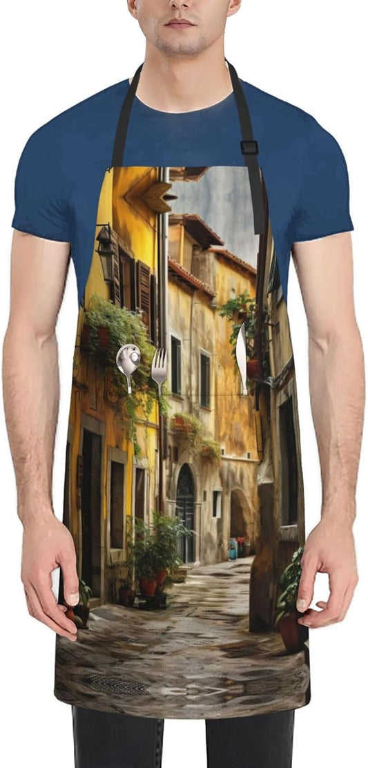Italian Old Street print Waterproof apron with pocket adjustable cooking apron for adult kitchen bibs to bake