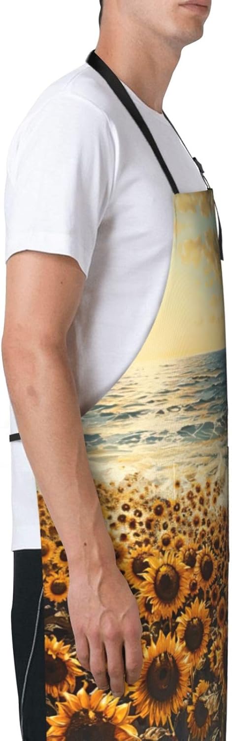 sunflowers sea print Waterproof chef's apron with pocket apron for kitchen cooking baking barbecue and gardening