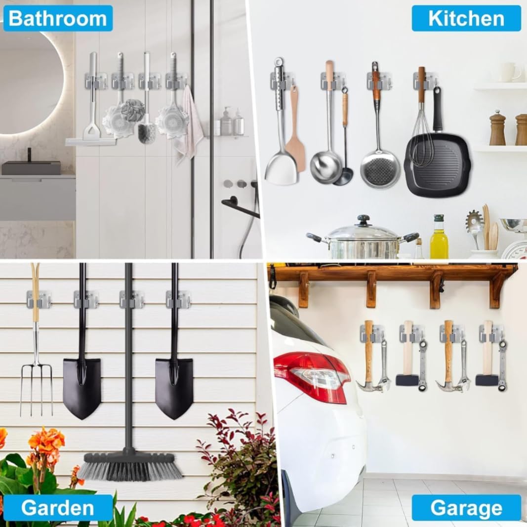 3-piece Stainless steel broom and mop multifunctional bracket hook - self-adhesive, no drilling required - universal for kitchen, bathroom, and garden (silver)