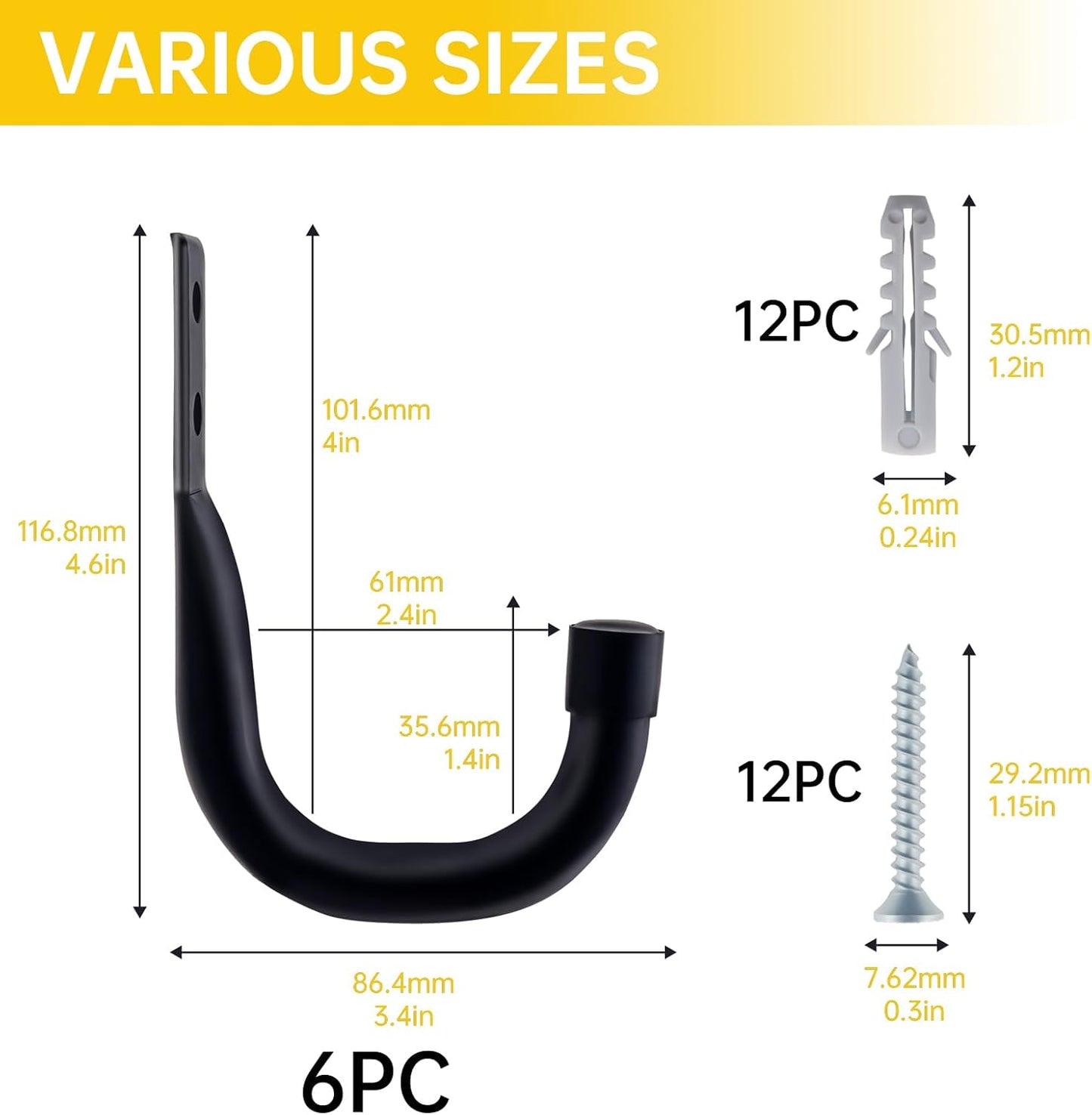 6-Pack Heavy Duty Metal Wall Hooks,Industrial Garage Storage Hooks Large Utility Hook Garage Organizer, J Hooks,Garden Tools, Bicycles/Ladder Outdoor Use