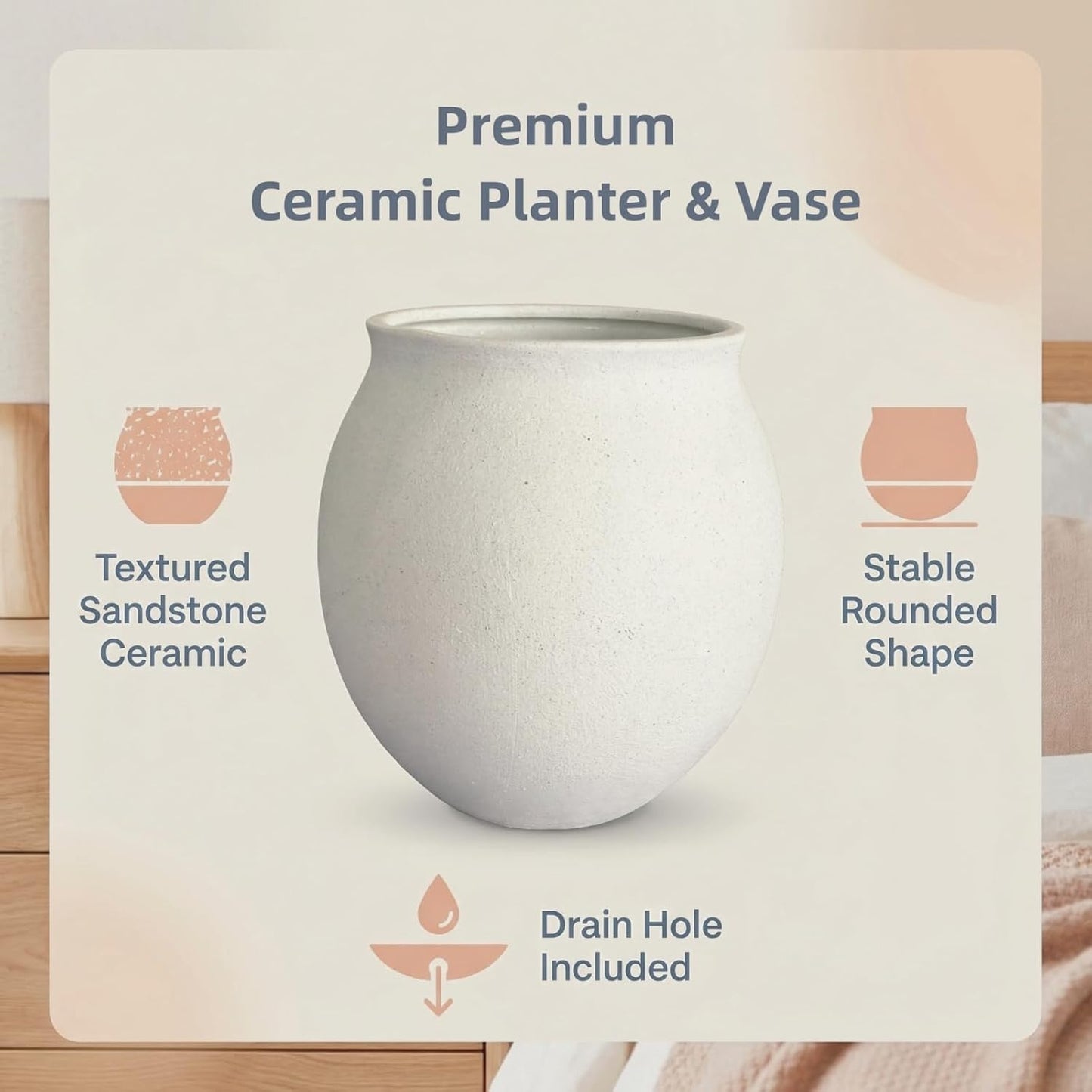 Round Wide Mouth White Ceramic Vase -9.7" Large Flower Pot with Drainage Hole for Indoor Plants, Gravel Textured Cream White Vase & Planter for Home Decor