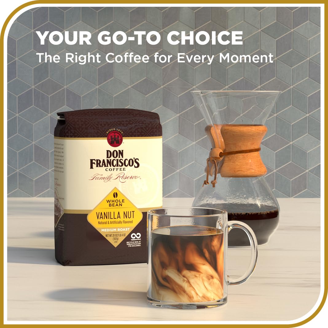 Don Francisco's Vanilla Nut Whole Bean Coffee, Medium Roast – 100% Arabica, Flavored Coffee, 20 oz Bag
