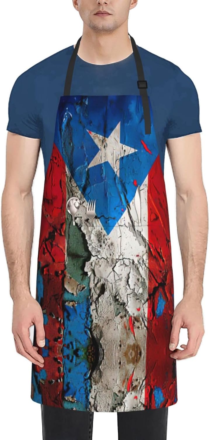 puerto rico wallpaper flag print Waterproof chef's apron with pocket apron for kitchen cooking baking barbecue and gardening
