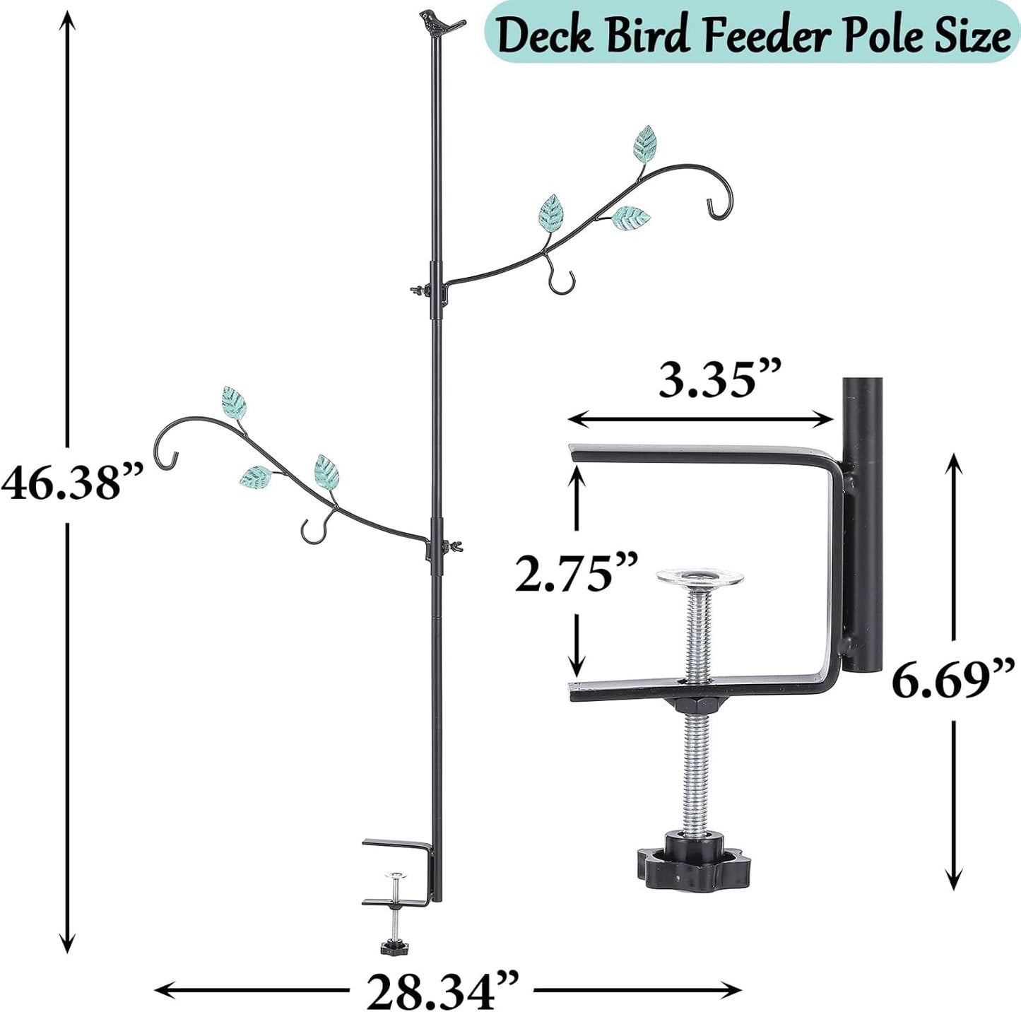 Deck Bird Feeder Hook, Multi-Hook Bird Feeder Hooks for Deck Railing, Clamp on Metal Bird Feeders Balcony Hanging Kit with 2 Adjustable Branches, Porch Planter Hanger for Attracting Wild Birds