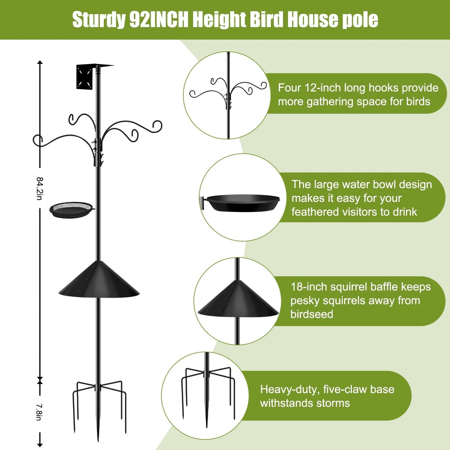 92 Inch Metal Bird Feeder Pole with Squirrel-Proof Baffle, 4 Hooks & 2 Feeding Trays - Heavy Duty 5-Prong Base Outdoor Birdhouse Stand, Garden Bird Feeding Station (Black, 92inch)