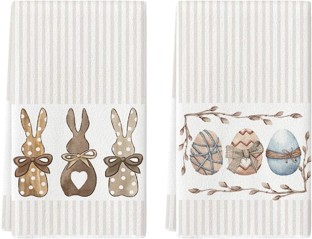 Artoid Mode Stripe Rabbit Bunny Eggs Easter Kitchen Towels Dish Towels, 18x26 Inch Spring Decoration Hand Towels Set of 2