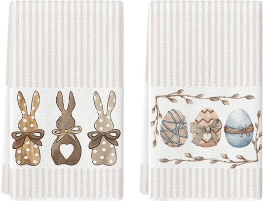 Artoid Mode Stripe Rabbit Bunny Eggs Easter Kitchen Towels Dish Towels, 18x26 Inch Spring Decoration Hand Towels Set of 2