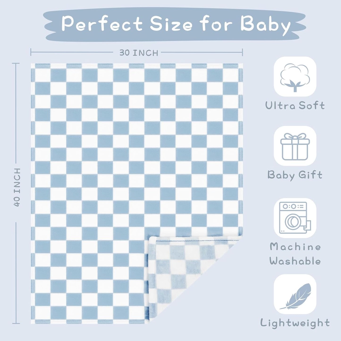 Yurhap Checkered Baby Blanket Fleece Baby Blankets for Boys, Ultra Soft Cozy Fluffy Infant Toddler Newborn Receiving Blankets for Crib Stroller, 30''x40'', Blue