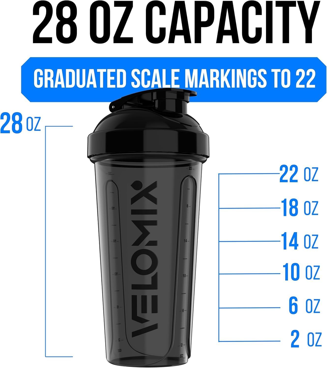 VELOMIX -6 PACK- 28 oz Protein Shaker Bottle for Protein Mixes -6x Wir