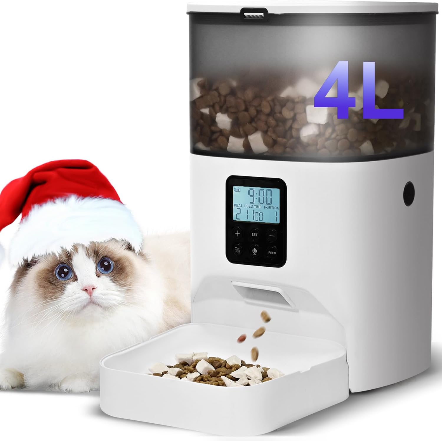 Automatic Cat Feeder, 4L Cat Food Dispenser with 10s Voice Recorder, P