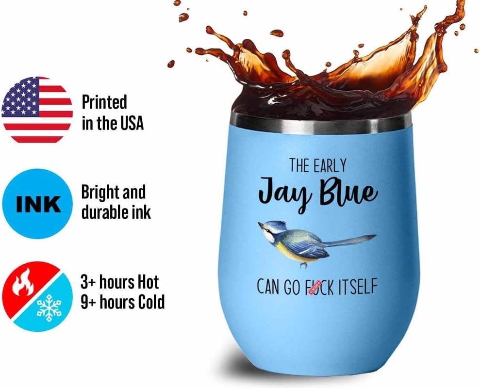 Bird Lover Blue Edition Wine Tumbler 12oz - Early jay blue go - Hummin