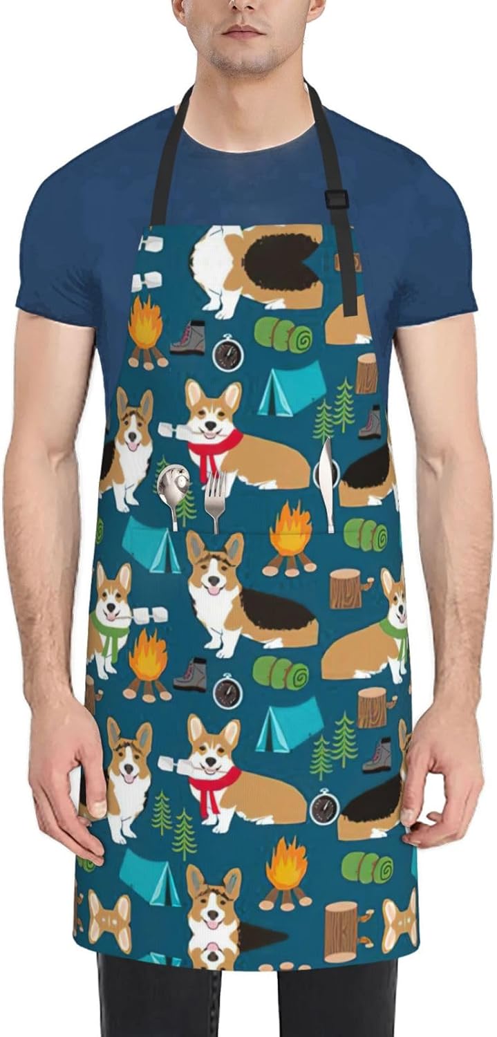 Corgi print Waterproof apron with pocket adjustable cooking apron for adult kitchen bibs to bake