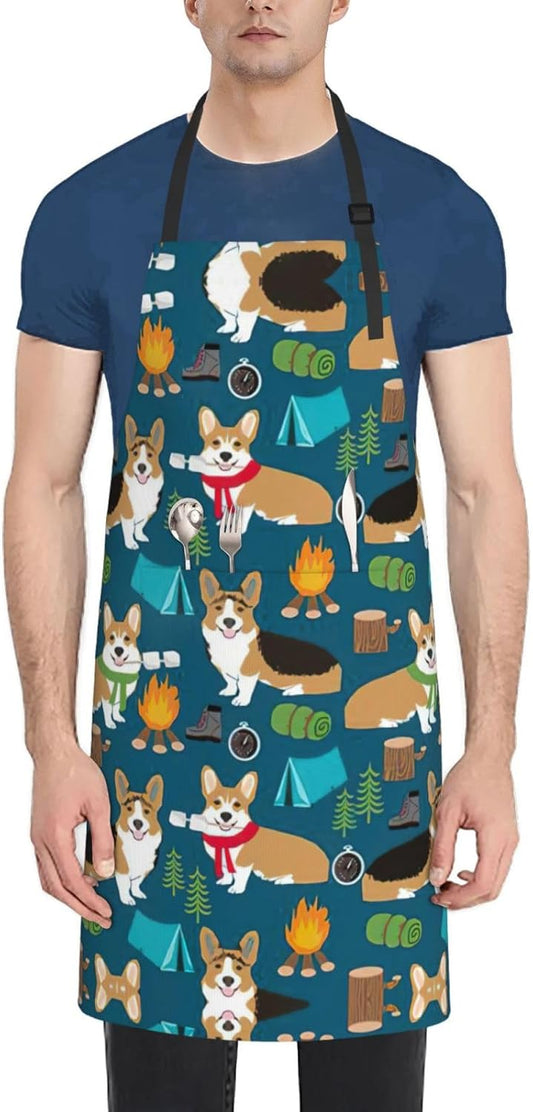 Corgi print Waterproof apron with pocket adjustable cooking apron for adult kitchen bibs to bake