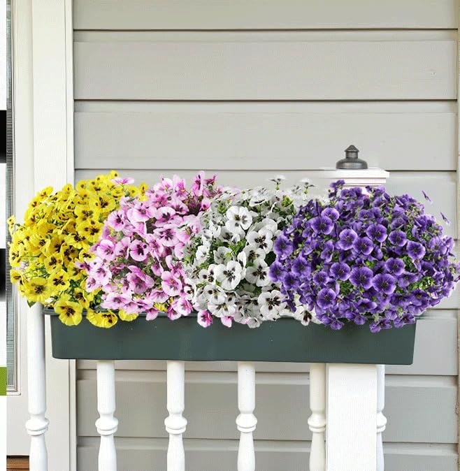 Artificial Fake Pansy Flowers for Outdoor, UV Resistant Faux Silk Pansies Spring Flowers, for Planter Front Door Porch Yard Patio Window Box Home Decor 12 Bundles (Yellow Purple White Pink)