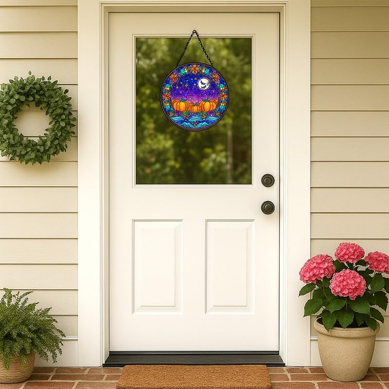 Halloween Pumpkins Bats Stained Glass Window Hanging - Sun Catchers In