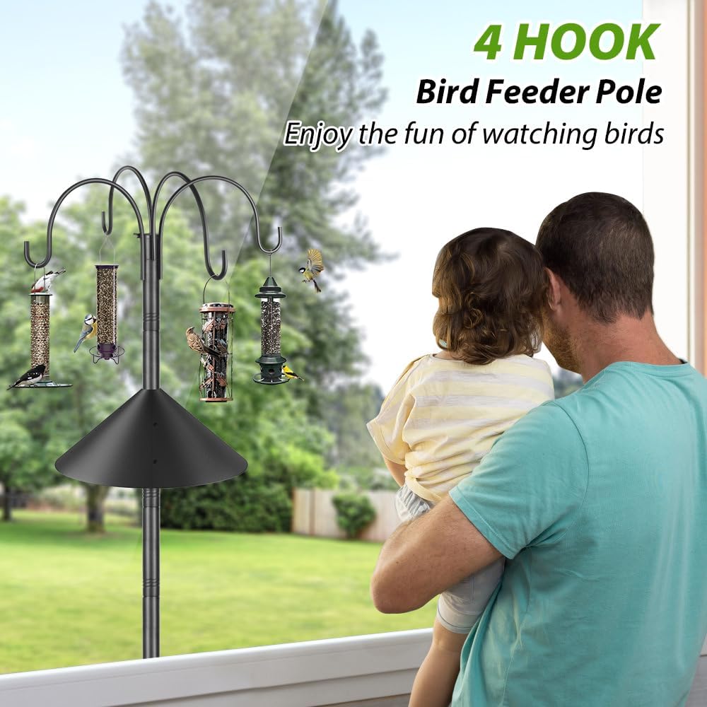 Bird Feeder Pole Stand Squirrel Proof for Outdoors Heavy Duty Shepherds Hook for Bird Feeder with Baffle, 88in Tall Double Garden Hooks for Hanging Plant Light, 1 Pack
