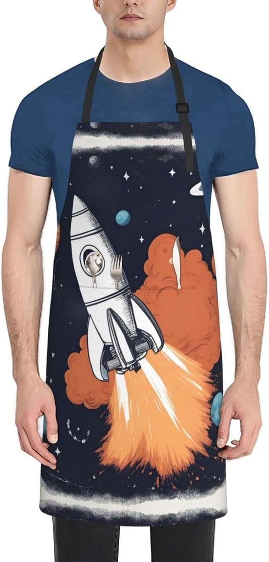 Rocket in Space print Waterproof chef's apron with pocket apron for kitchen cooking baking barbecue and gardening