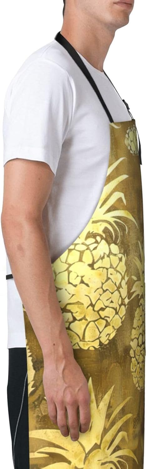 gold pineapple background print Waterproof chef's apron with pocket apron for kitchen cooking baking barbecue and gardening