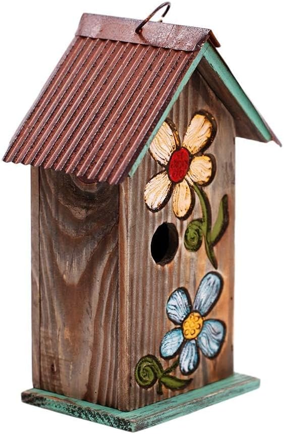 Topadorn Bird House Wooden Carved Floral Birdhouse with Hoop Hanging Birdhouse for Garden Yard Porch Decoration,11 Inch