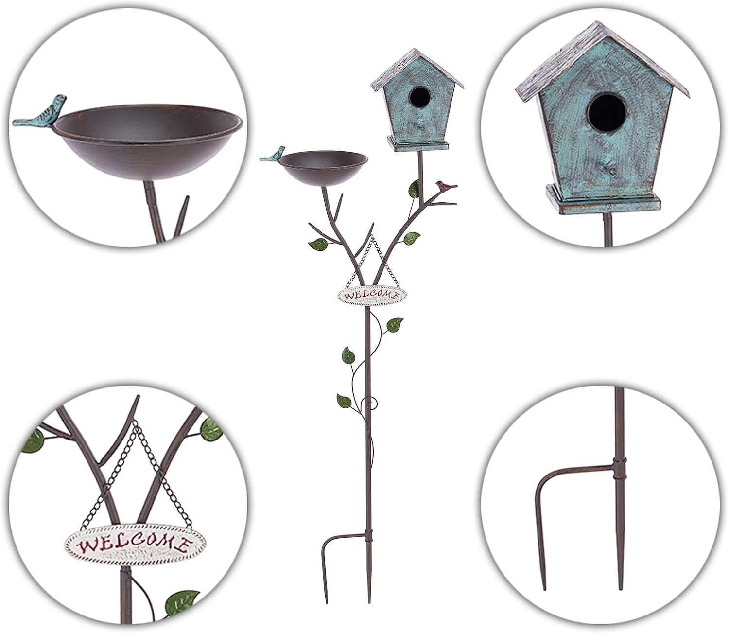 Bird Baths and BirdHouses with Pole, Distressed Metal Bird Bath Bowl a
