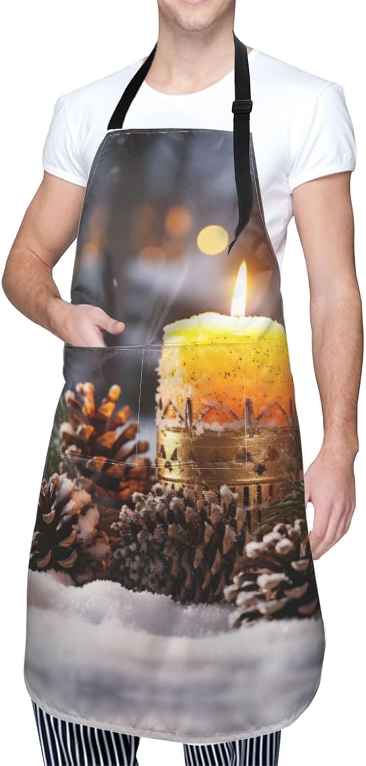 Candle Winter Snow Fir Tree Leaves print Waterproof apron with pocket 
