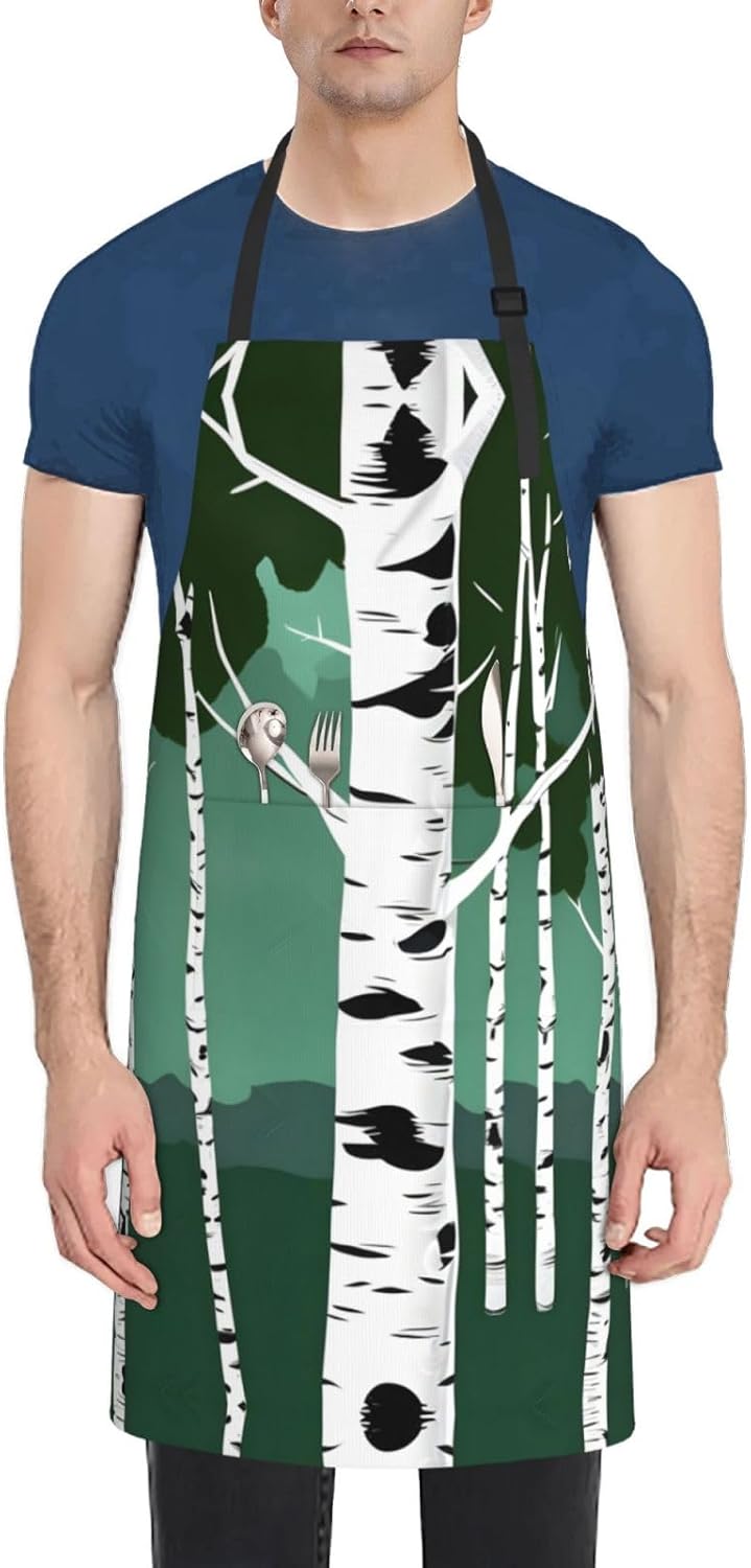 Birch Trees Print Laundry apron 28x33 In Waterproof Kitchen Apron with Pockets for Cooking Baking