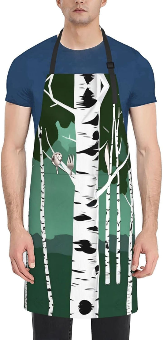 Birch Trees Print Laundry apron 28x33 In Waterproof Kitchen Apron with Pockets for Cooking Baking