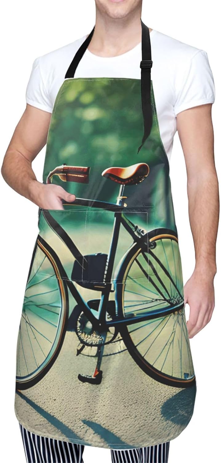 YANYU Retro bicycle Print 28x33 In Kitchen Apron Stylish Chef Apron with Pockets for Cooking Baking Painting