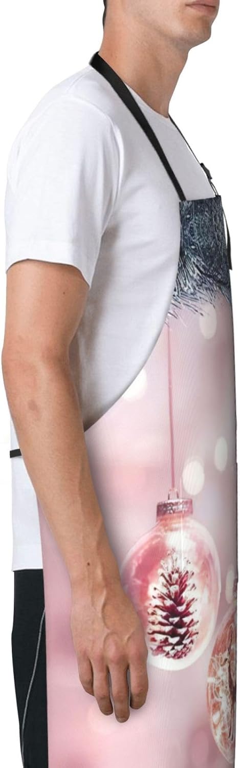 Pink Christmas Ball Print 28x33 In Adult Kitchen Apron with Pockets Versatile Chef Smock for Cooking Baking